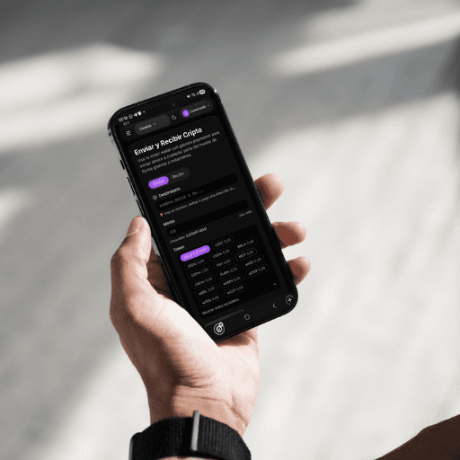 Pantalla de la App MotusDAO: enviar y recibir cripto desde la wallet integrada, con tokens y Motus Name