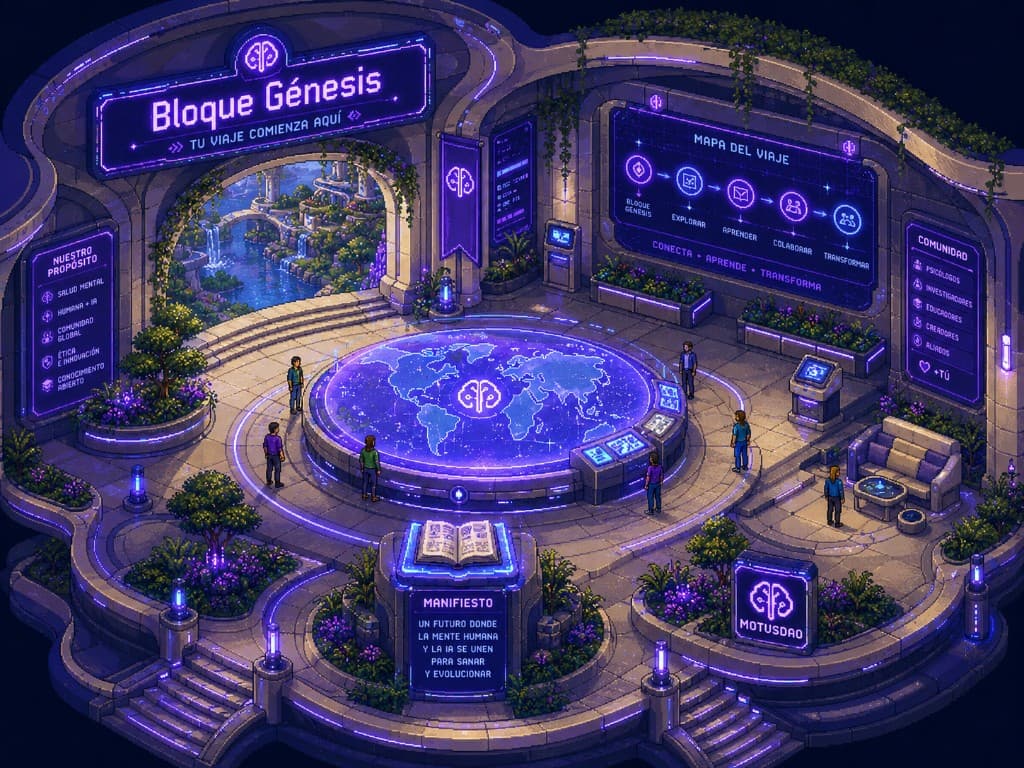 Ilustración del hub digital Bloque Génesis de MotusDAO: plaza isométrica con mapa, manifiesto y paneles de comunidad