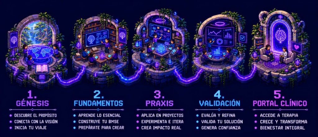 Recorrido de cinco bloques: Génesis, Fundamentos, Praxis, Validación y Portal Clínico